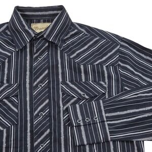 VTG Wrangler Western Fashion Black Snap Metalic Striped Long Sleeve Shirt Mens L